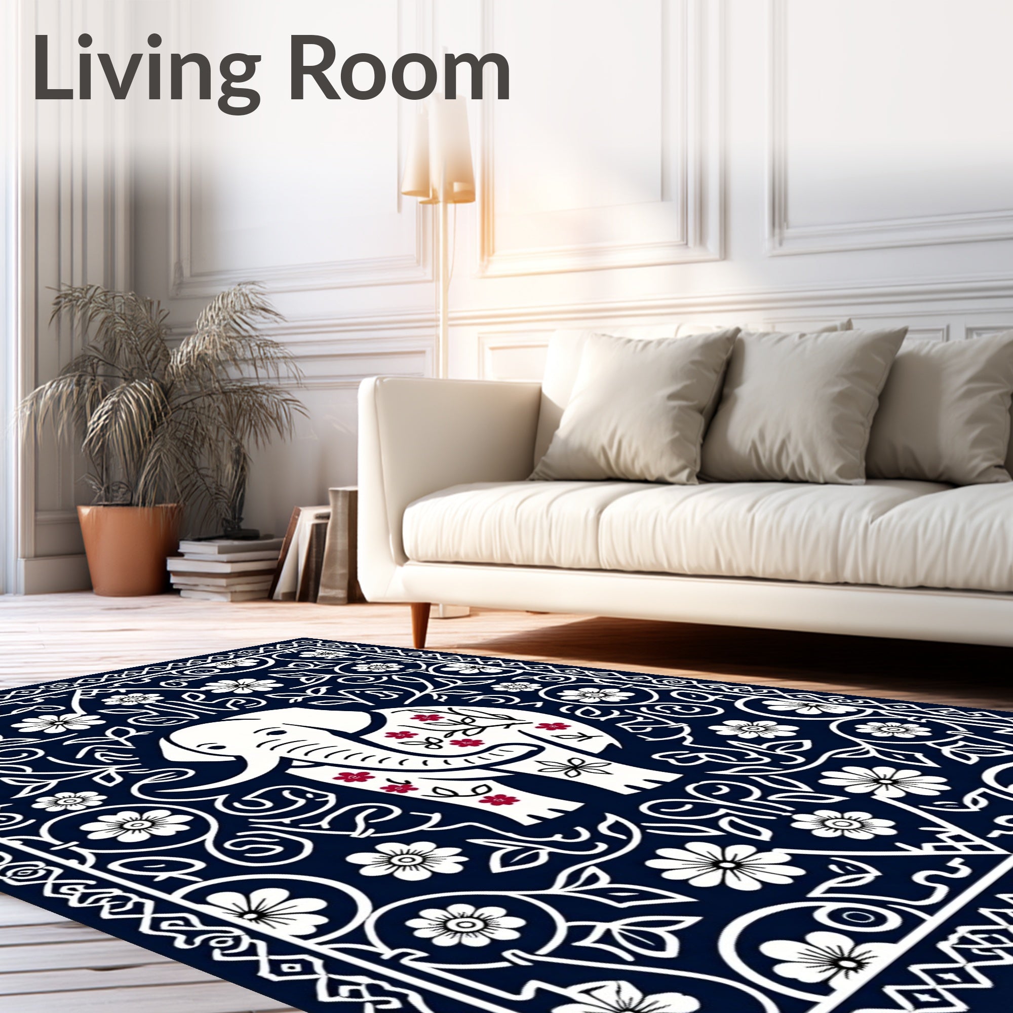 Navy Blue Elephant Floral Medallion Rug