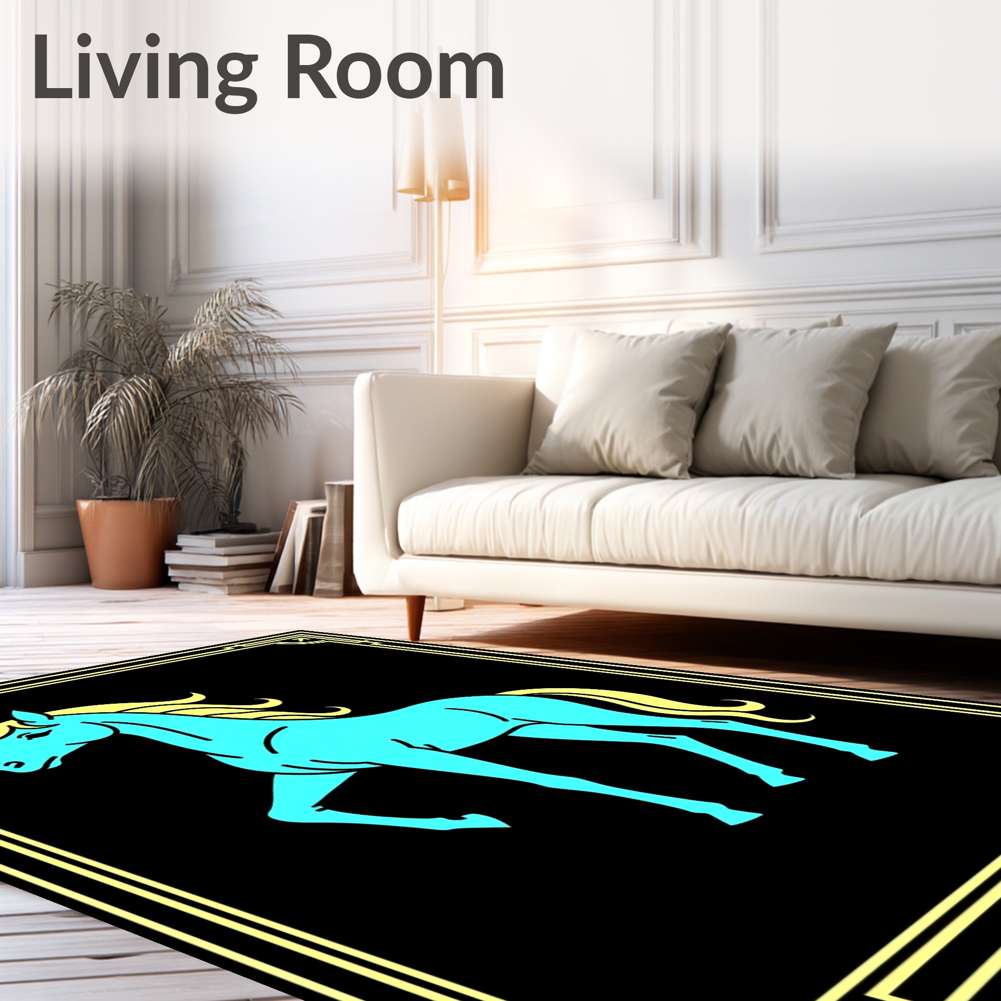 Cyan Horse Yellow Mane Border Rug