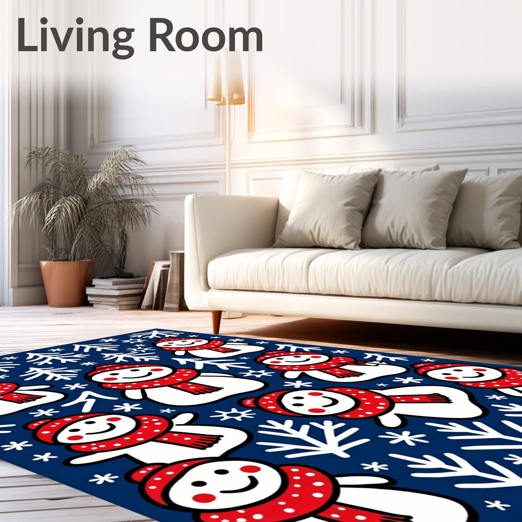 Whimsical Snowman Red Scarf Navy Field Rug