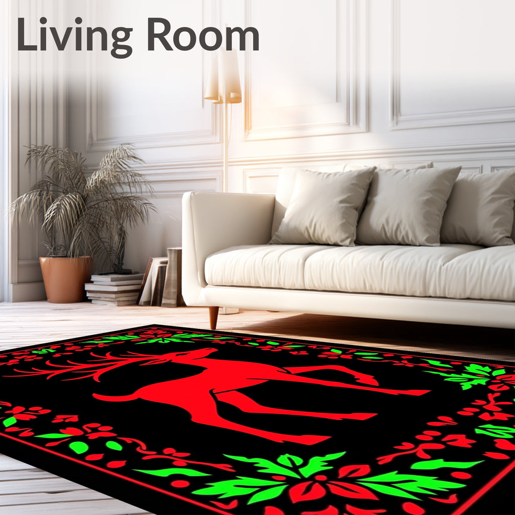 Red And Green Floral Deer Motif Rug