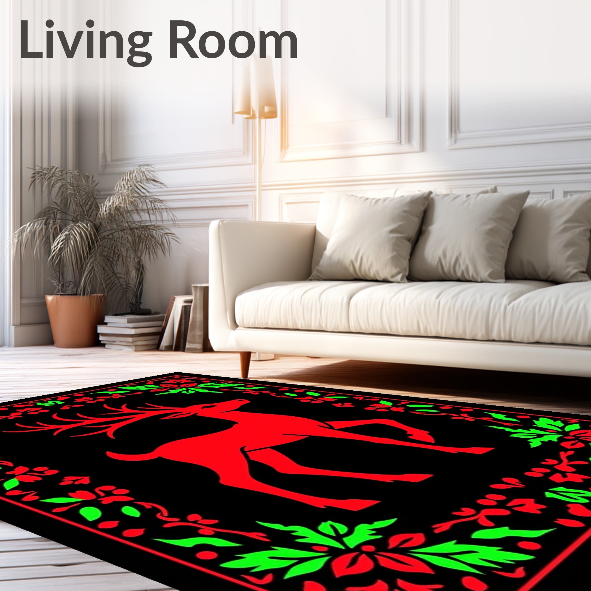 Red And Green Floral Deer Motif Rug