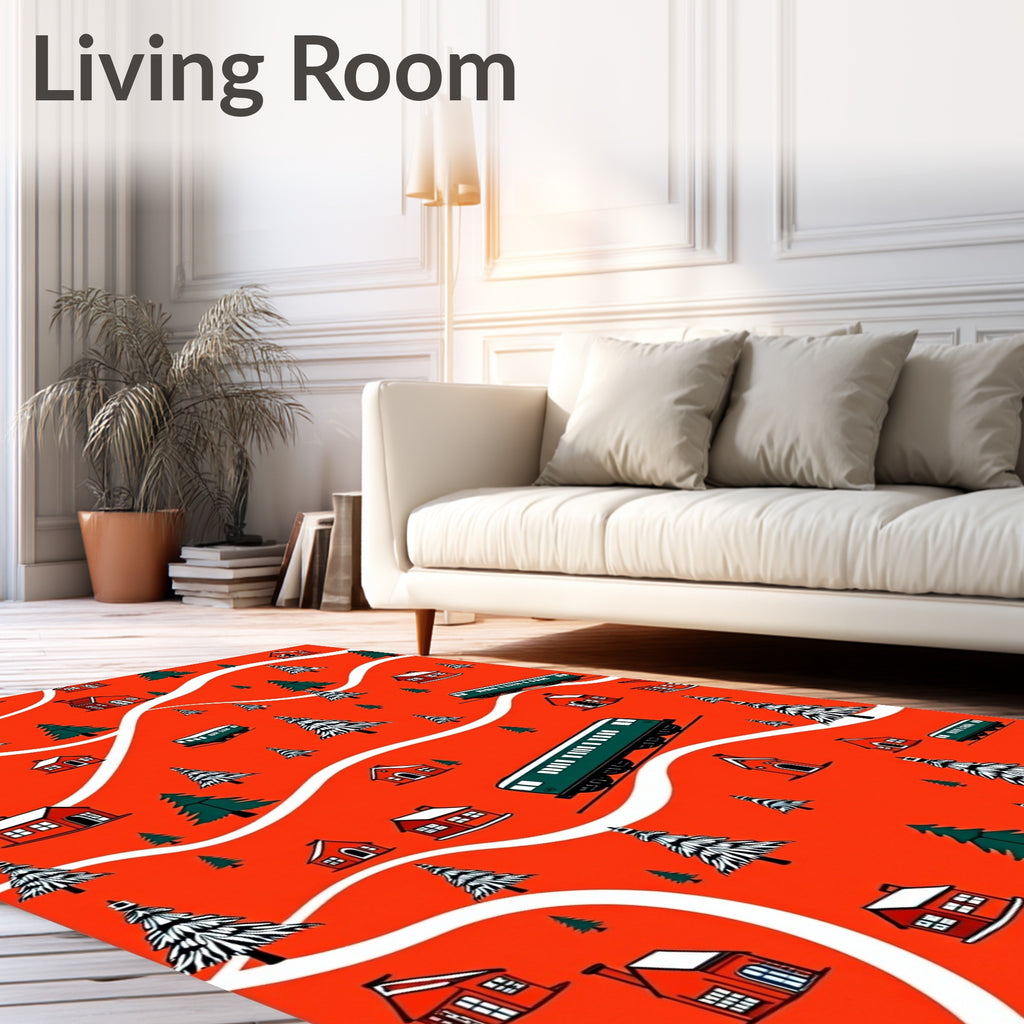 Red Christmas Village Train Landscape Rug