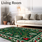 Festive Green Poinsettia Snowflakes Border Rug
