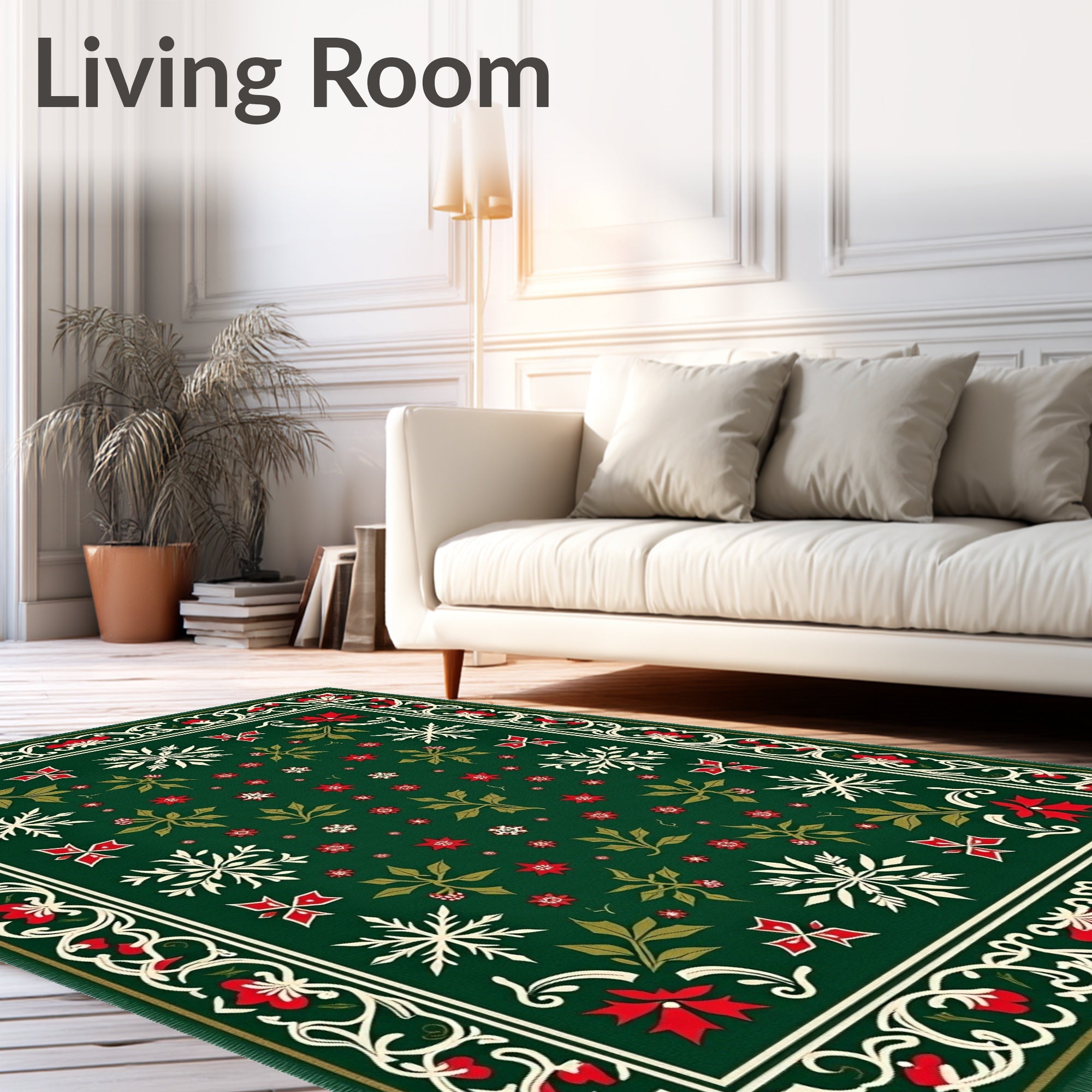 Festive Green Poinsettia Snowflakes Border Rug