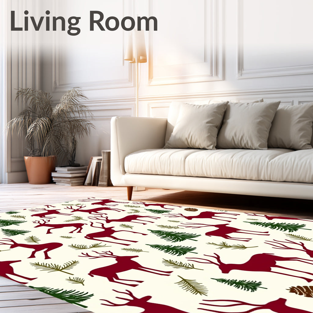 Deep Red Reindeer Forest Scene Rug
