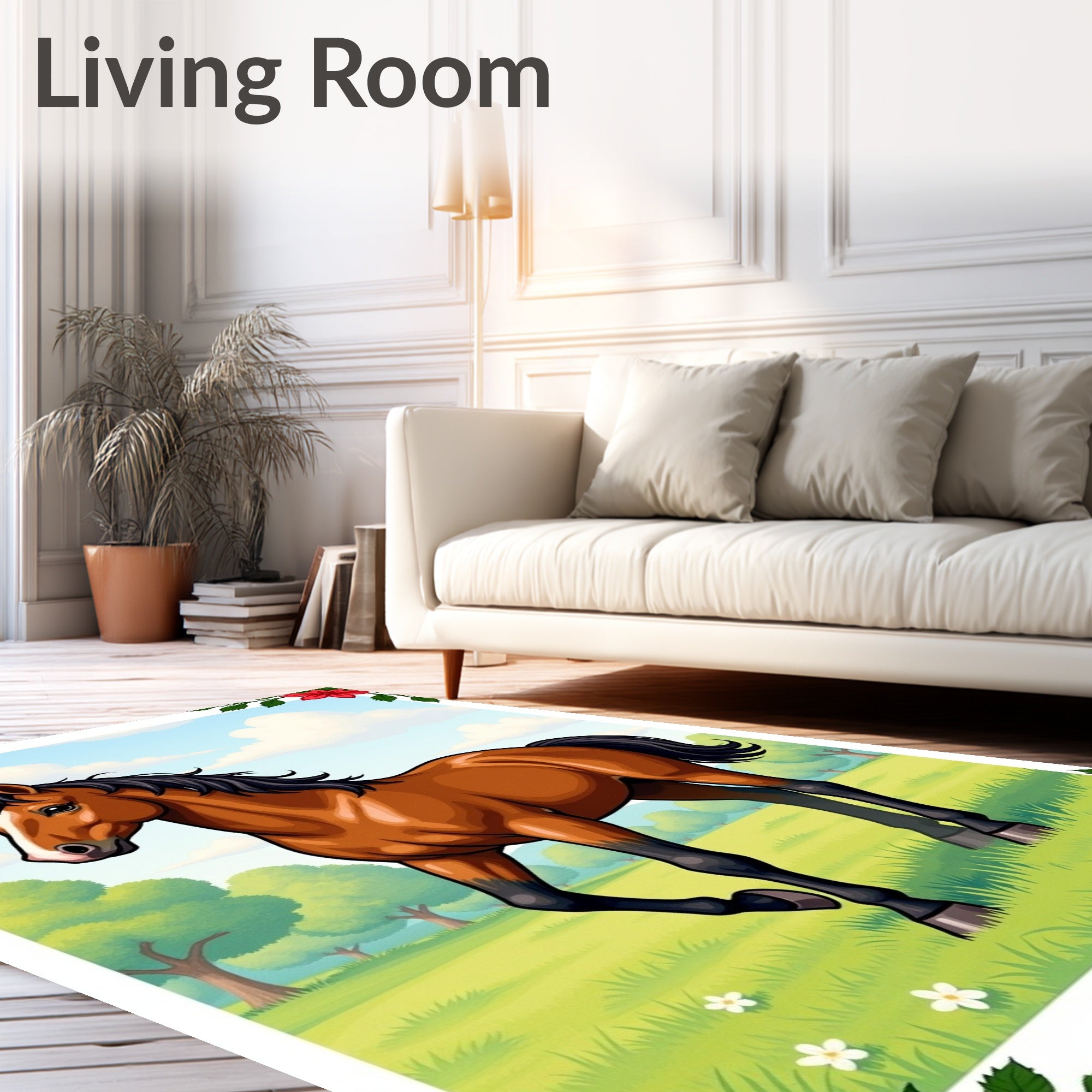 Brown Horse Meadow Landscape Illustration Rug