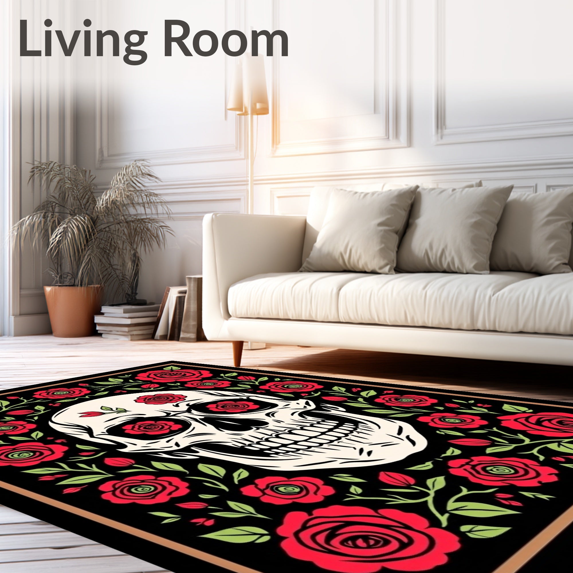 Bold Red Rose Skull Border Rug