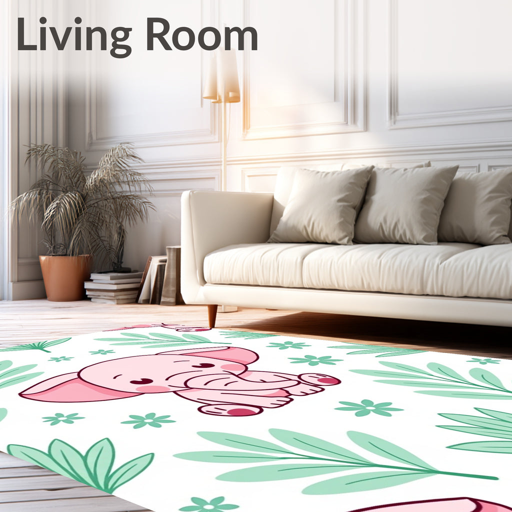 Sweet Pink Baby Elephant Jungle Foliage Rug
