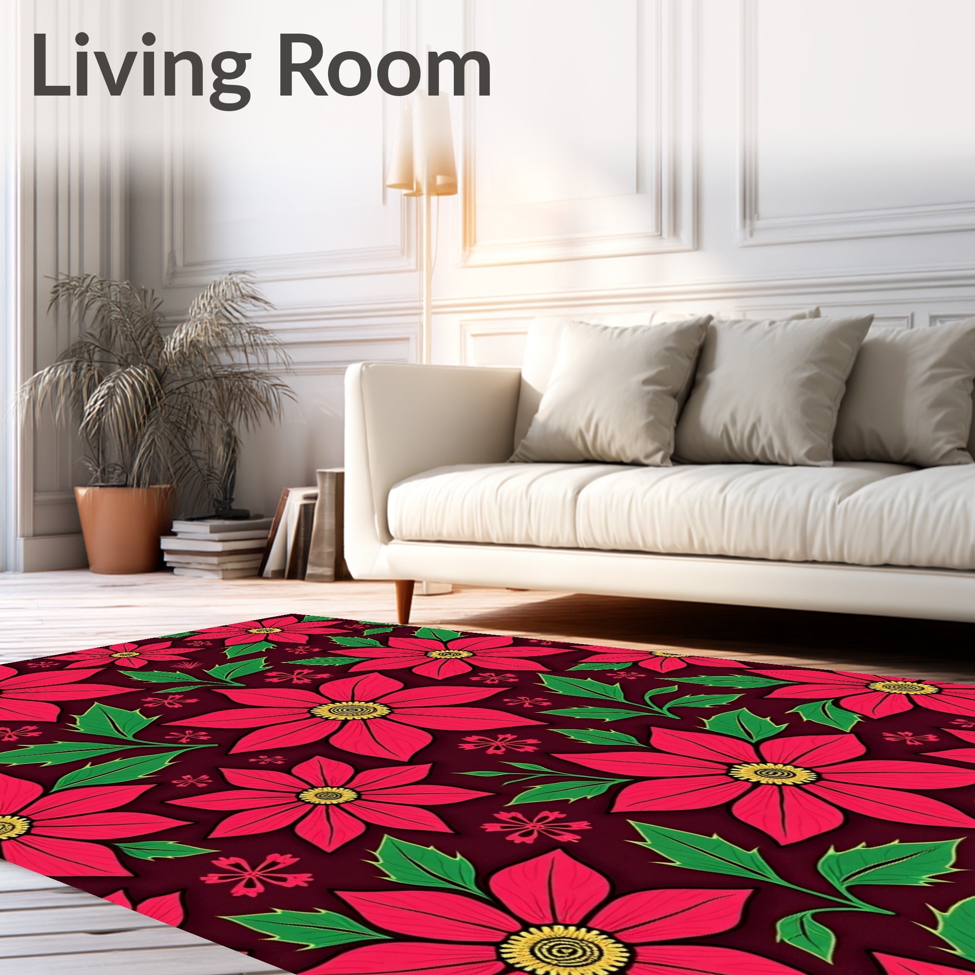 Bold Crimson Floral Poinsettia Leaves Rug