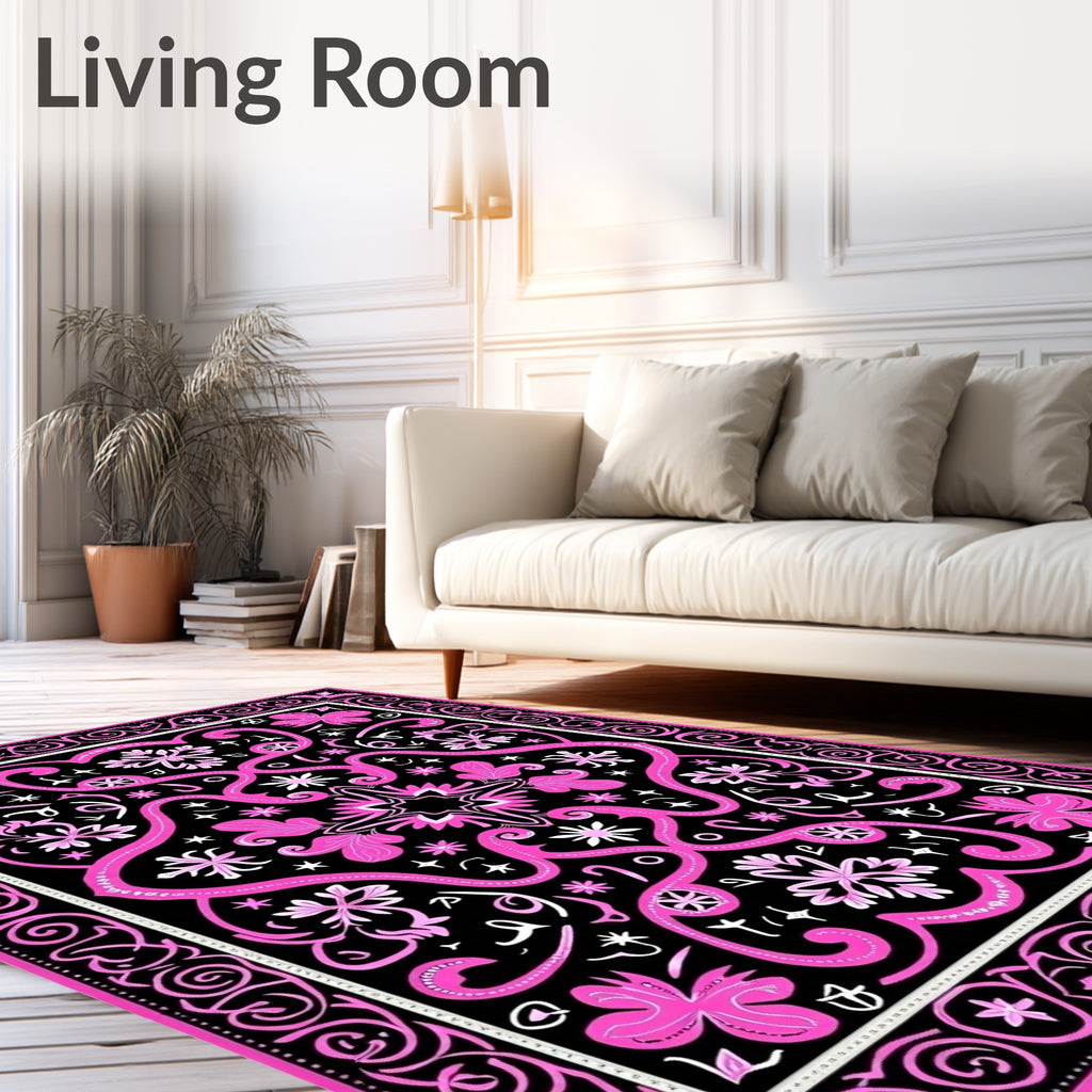 Bold Hot Pink Floral Swirl Border Rug