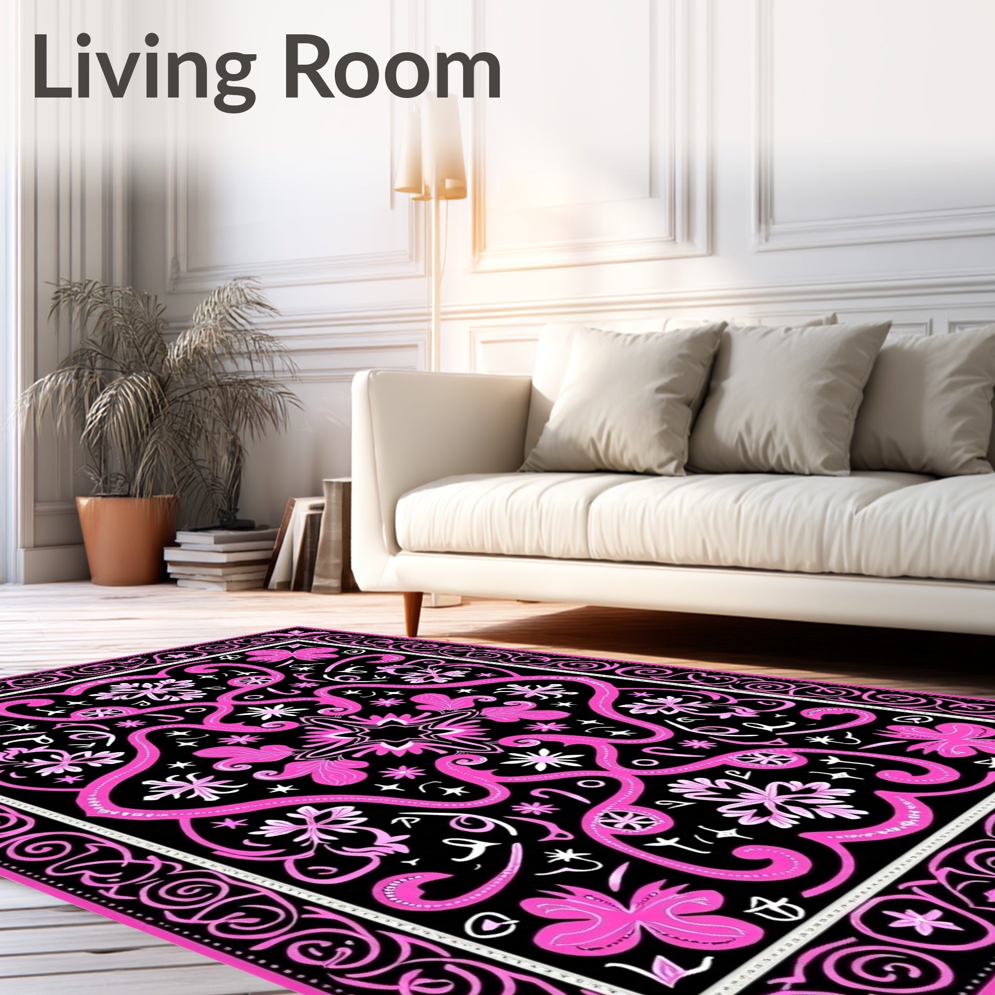 Bold Hot Pink Floral Swirl Border Rug