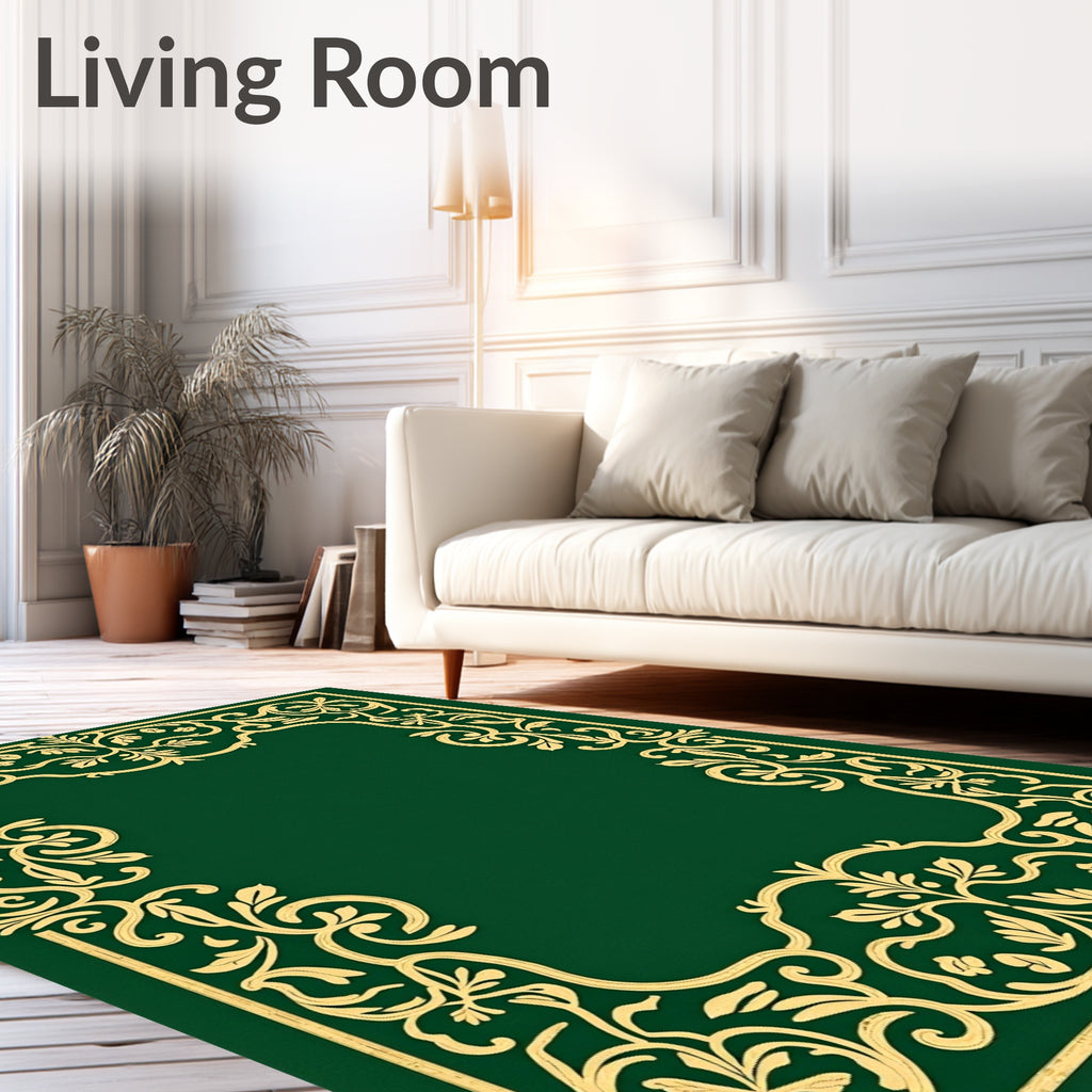 Ornate Golden Leaf Scroll Border Emerald Rug