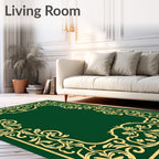 Ornate Golden Leaf Scroll Border Emerald Rug