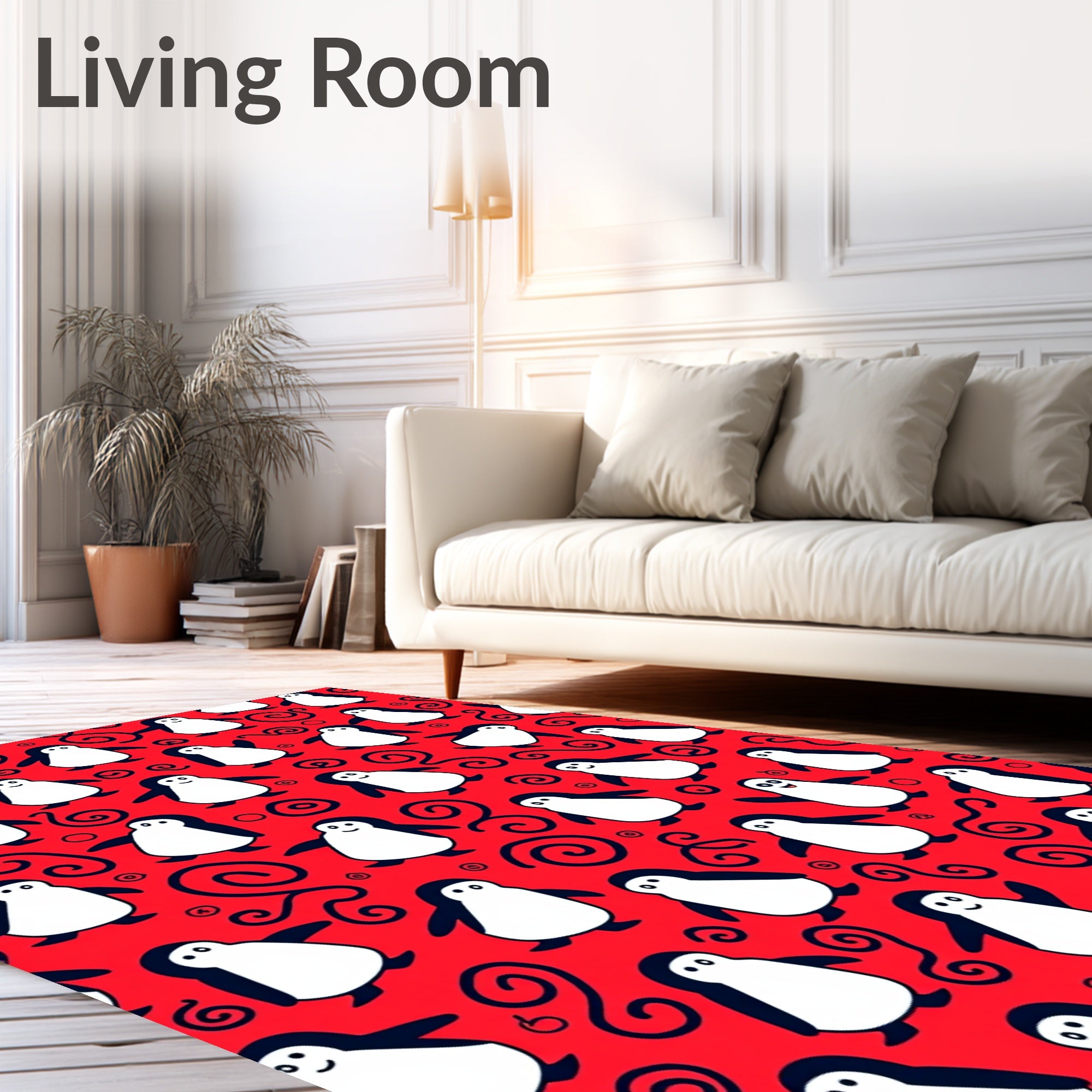 Playful Red Penguin Swirls Rug