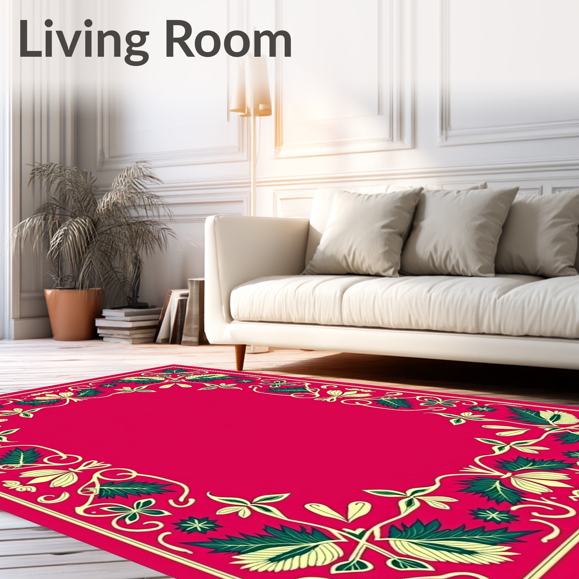 Ornate Crimson Floral Vine Border Rug