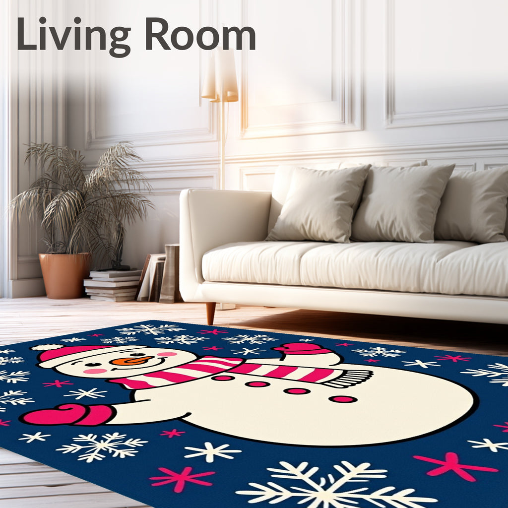 Festive Snowman With Pink Snowflake Sprinkles Rug
