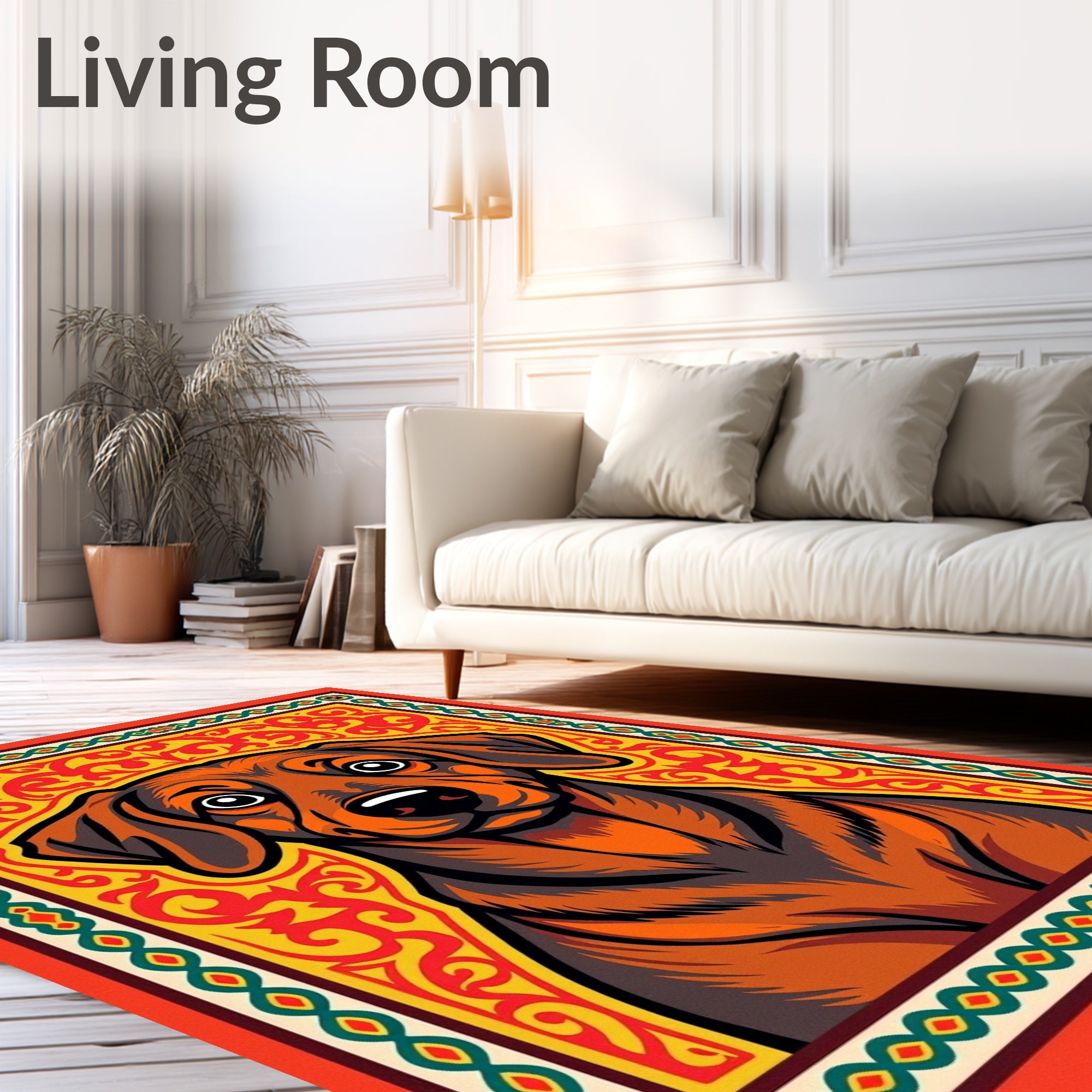 Vibrant Dog Amber Ornate Frame Rug