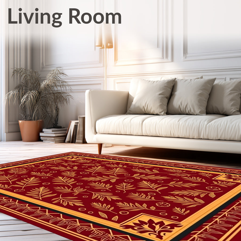 Crimson Gold Leaf Botanical Border Rug