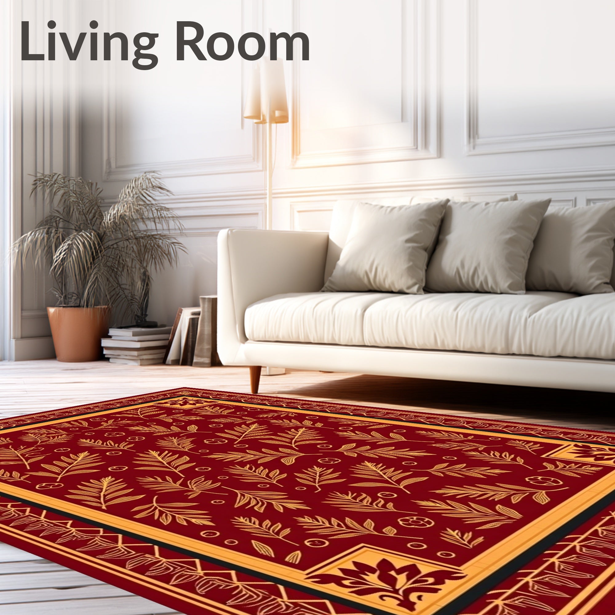 Crimson Gold Leaf Botanical Border Rug
