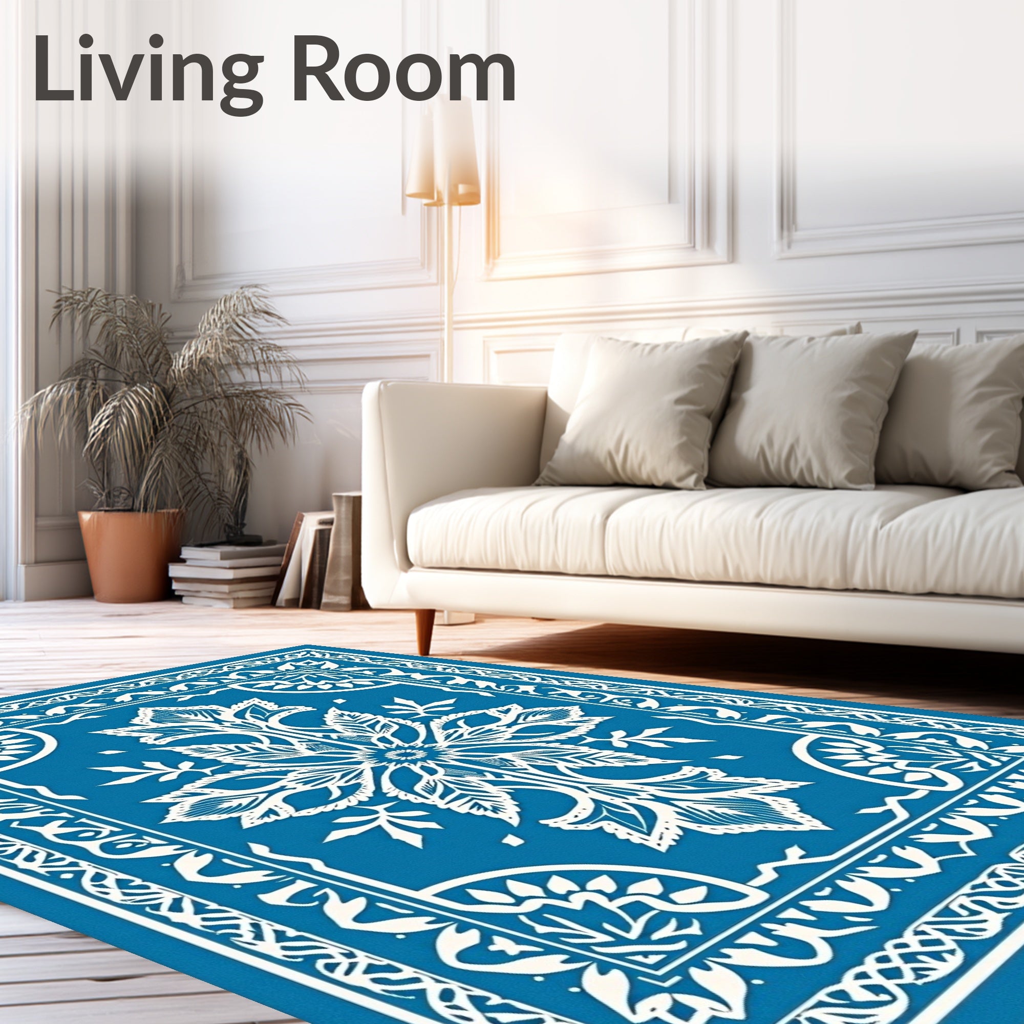 Vibrant Blue White Floral Medallion Rug