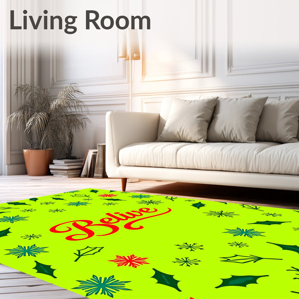 Bright Green Festive Holly Snowflakes Rug