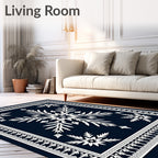 Navy White Snowflake Floral Border Rug