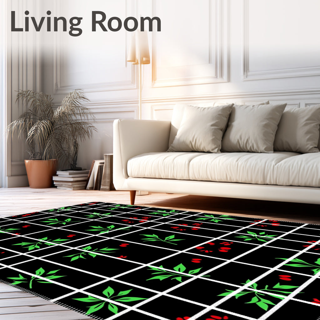 Black Grid Red Berry Green Leaf Rug