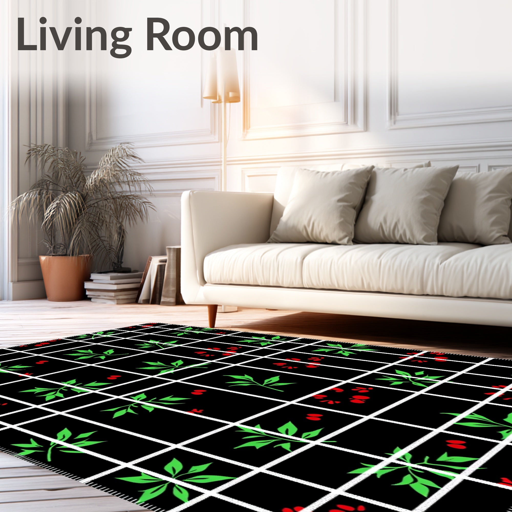 Black Grid Red Berry Green Leaf Rug