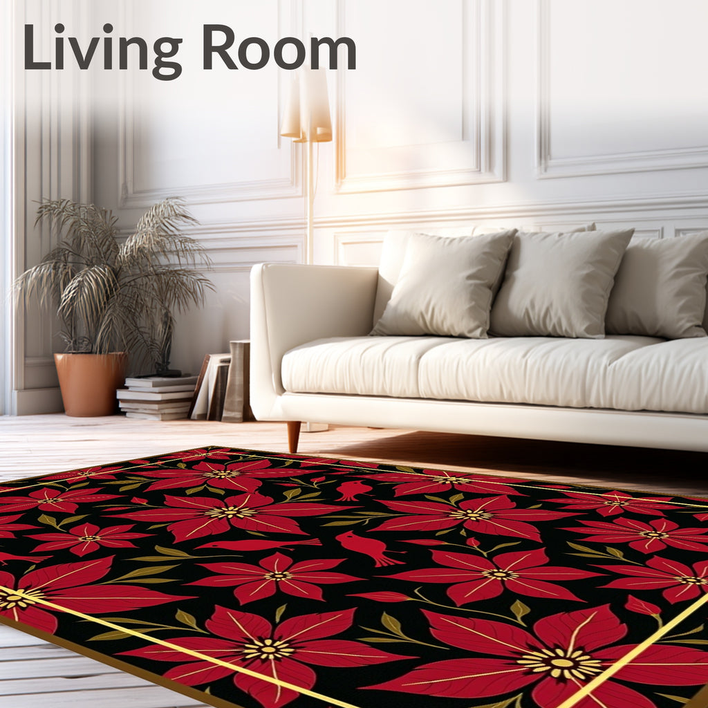 Red Floral Birds Black Golden Frame Rug