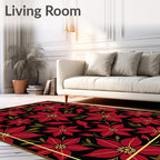 Red Floral Birds Black Golden Frame Rug