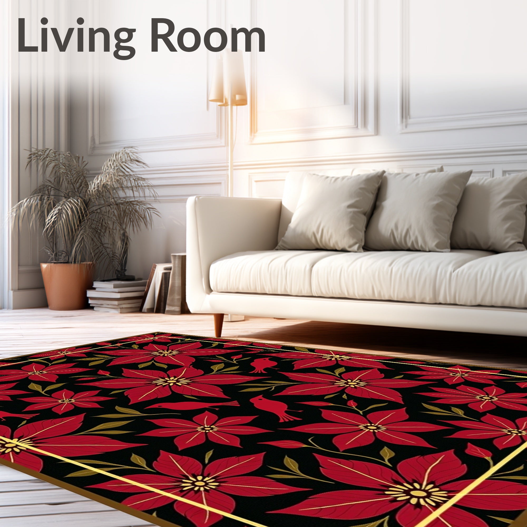 Red Floral Birds Black Golden Frame Rug