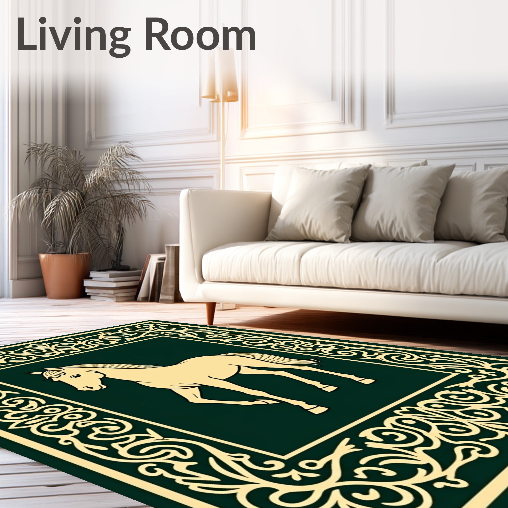 Elegant Cream Horse Ornate Border Rug