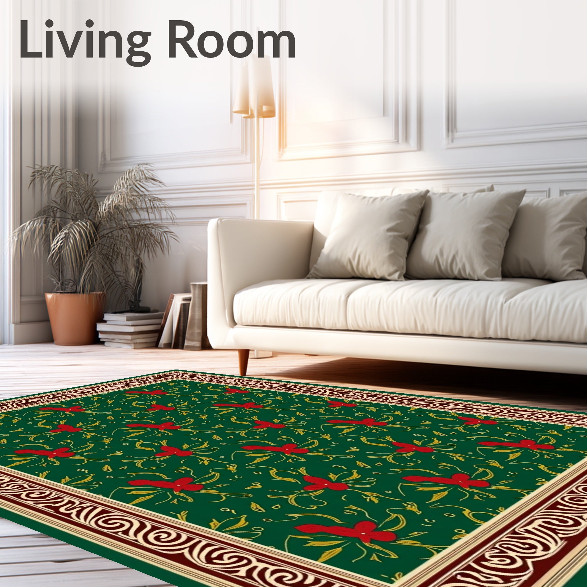 Rich Emerald Red Floral Scroll Border Rug