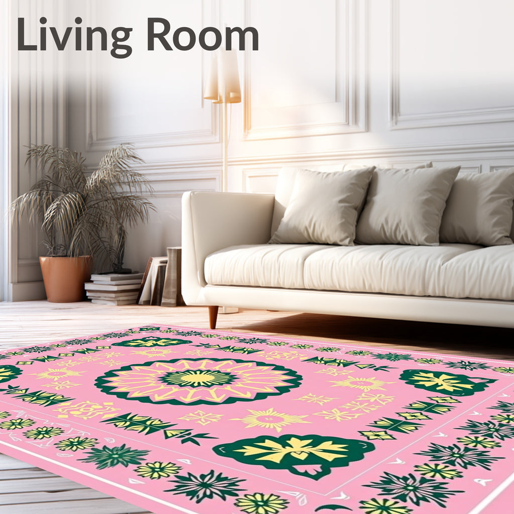 Pink Yellow Green Floral Border Medallion Rug