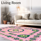 Pink Yellow Green Floral Border Medallion Rug