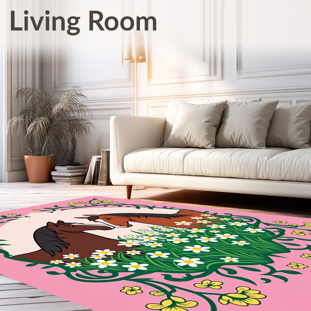 Pink Floral Horses Meadow Rug