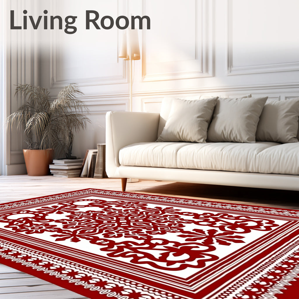 Crimson Intricate Floral Medallion Frame Rug