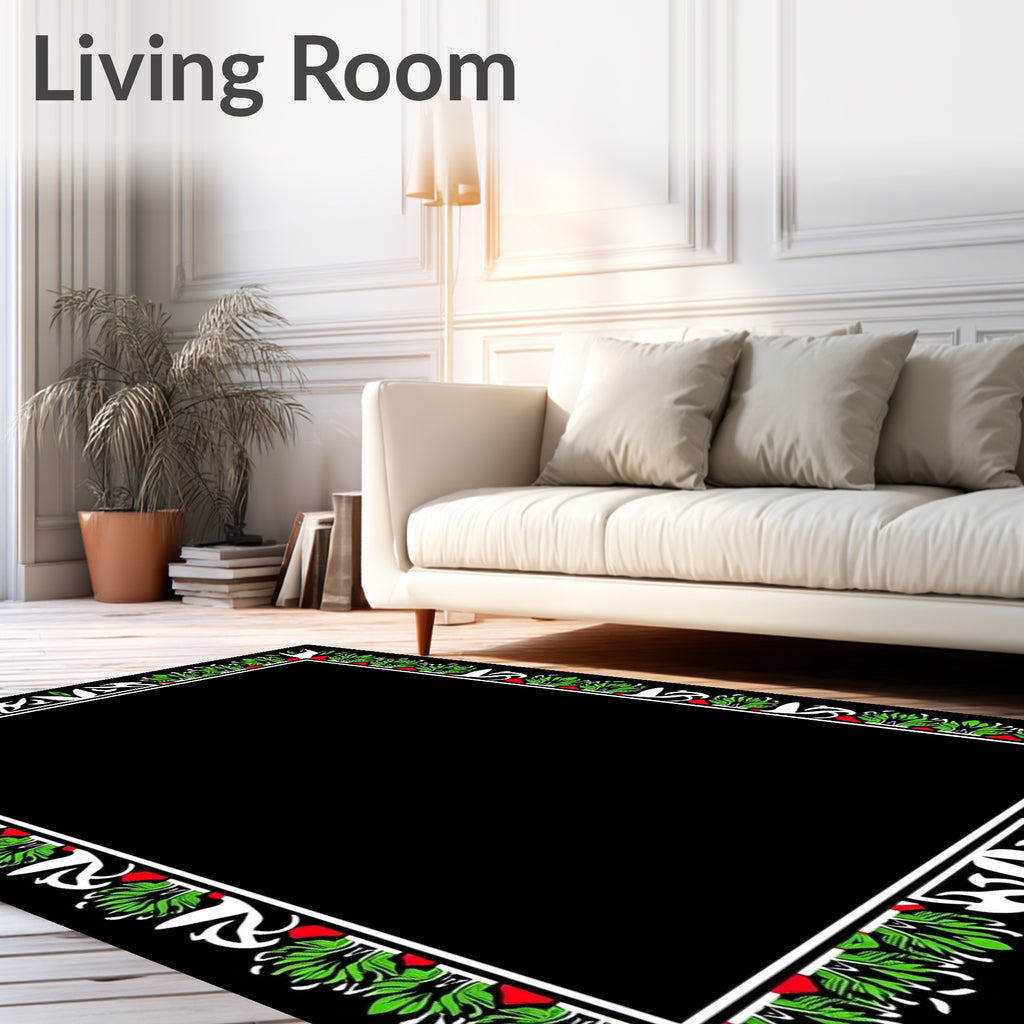 Bold Green Red White Floral Border Rug