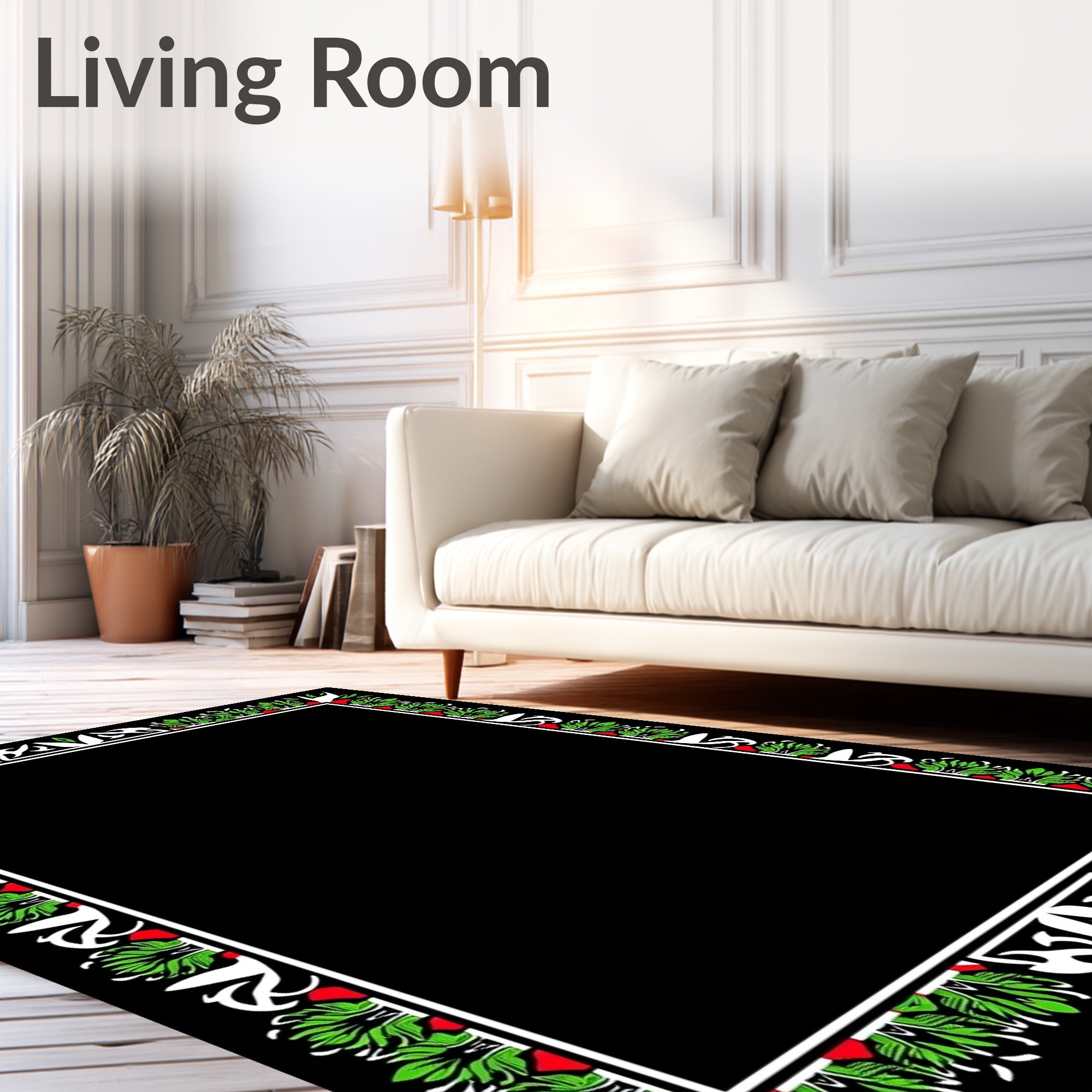 Bold Green Red White Floral Border Rug