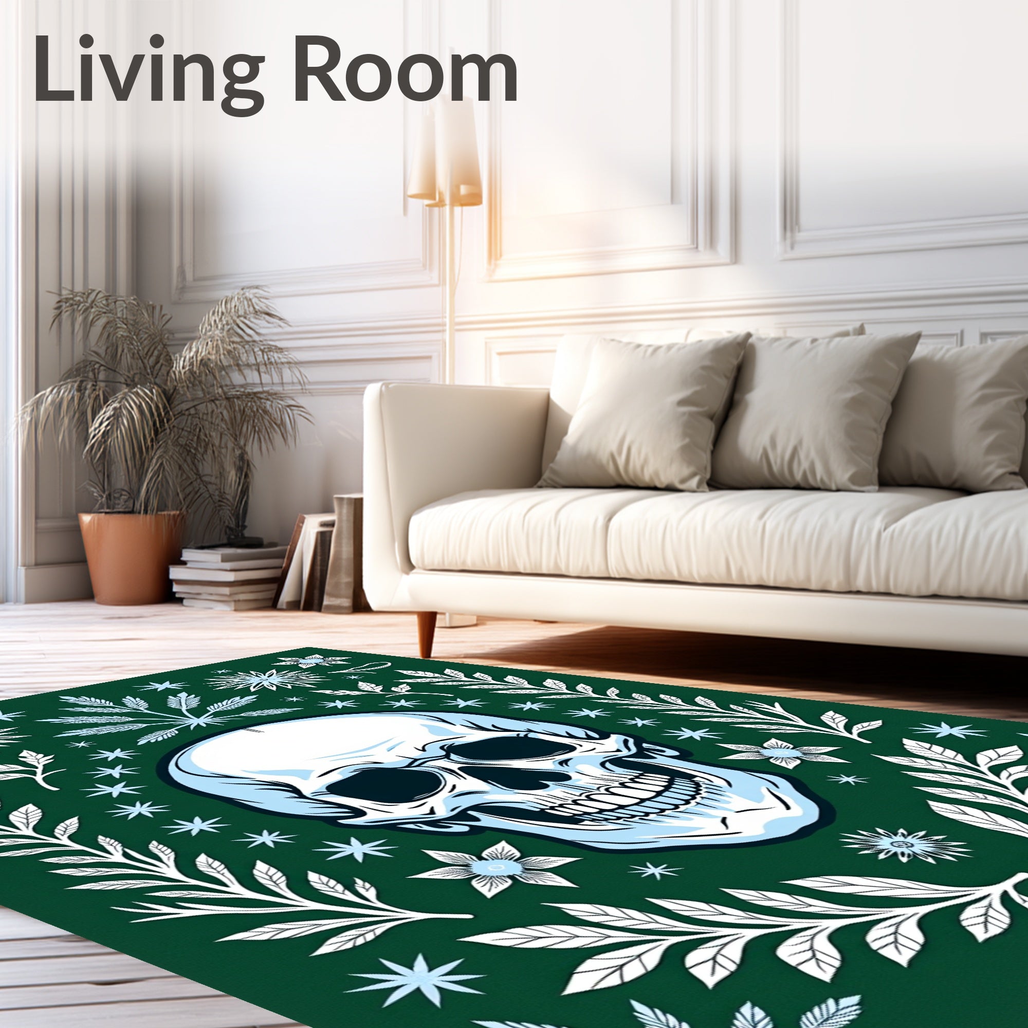 Dark Green Skull Floral Border Rug