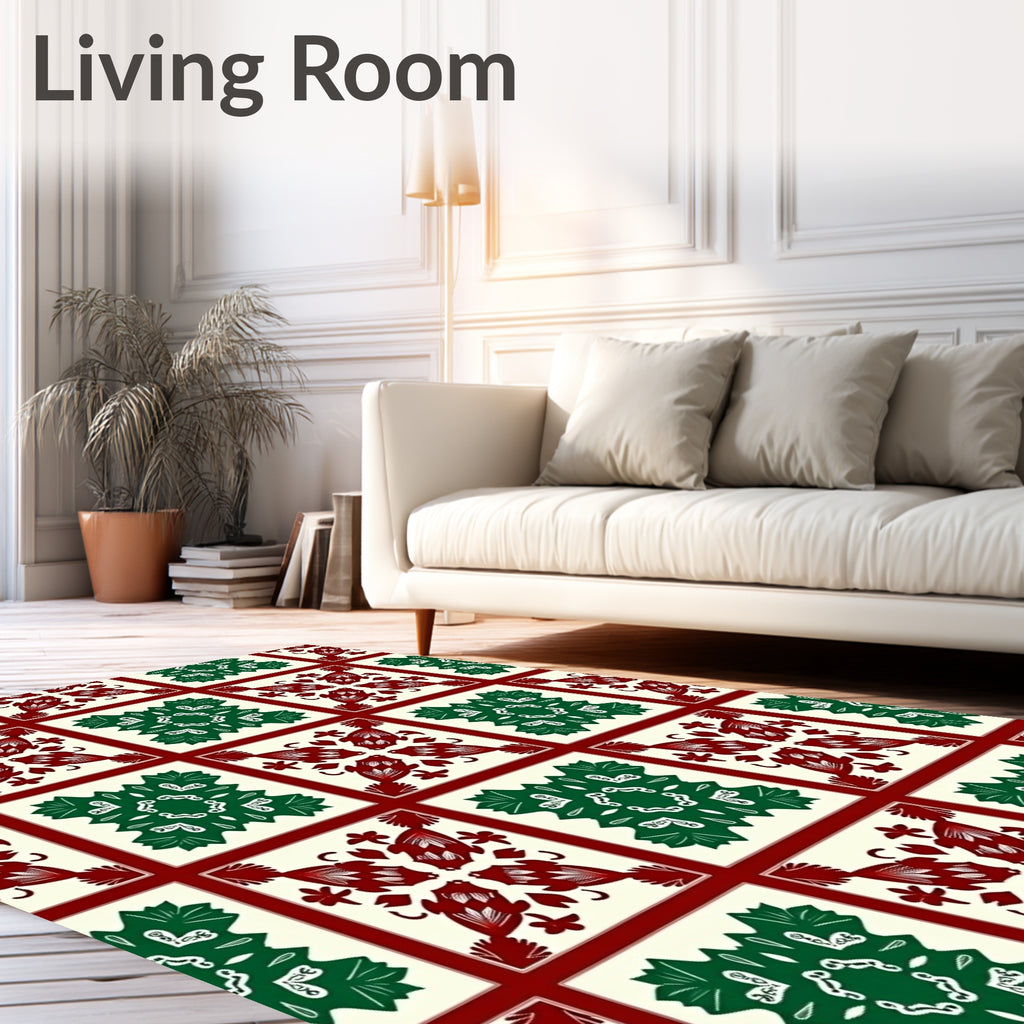 Crimson Green Floral Squares Rug