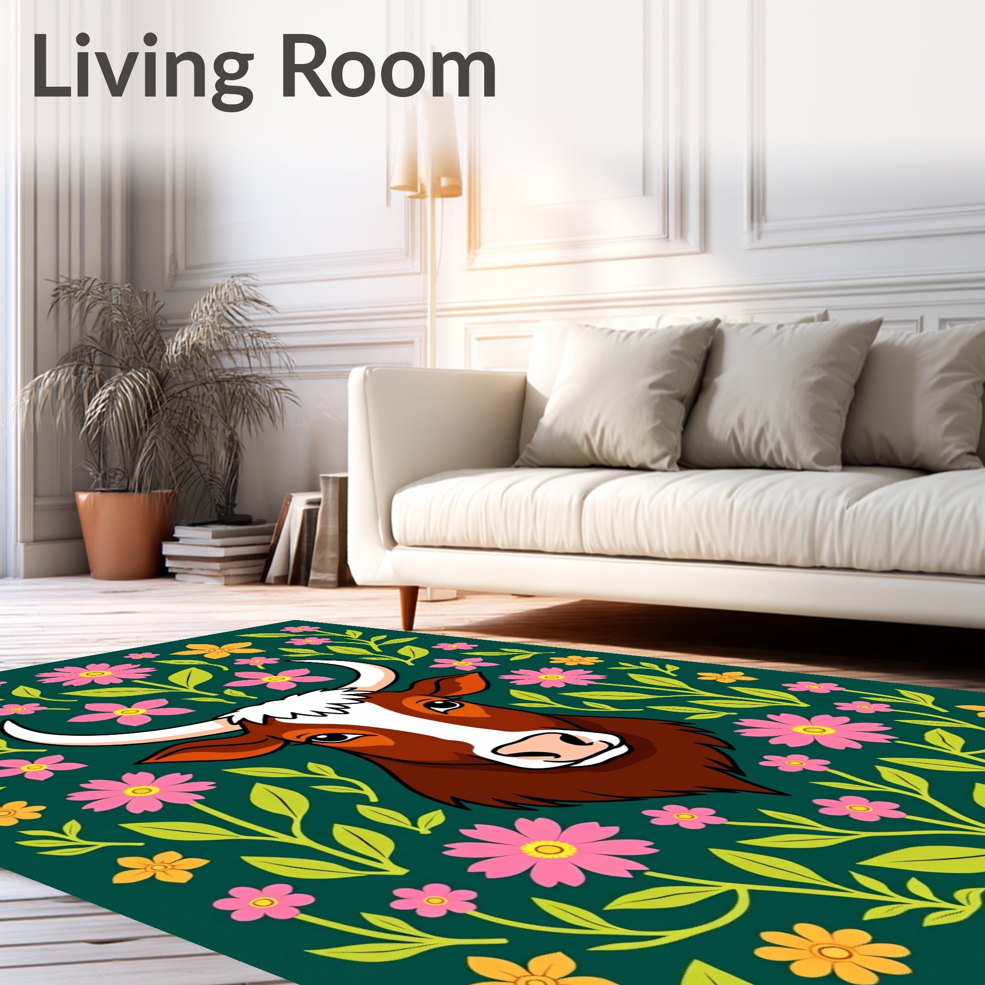 Whimsical Brown Cow Floral Burst Rug