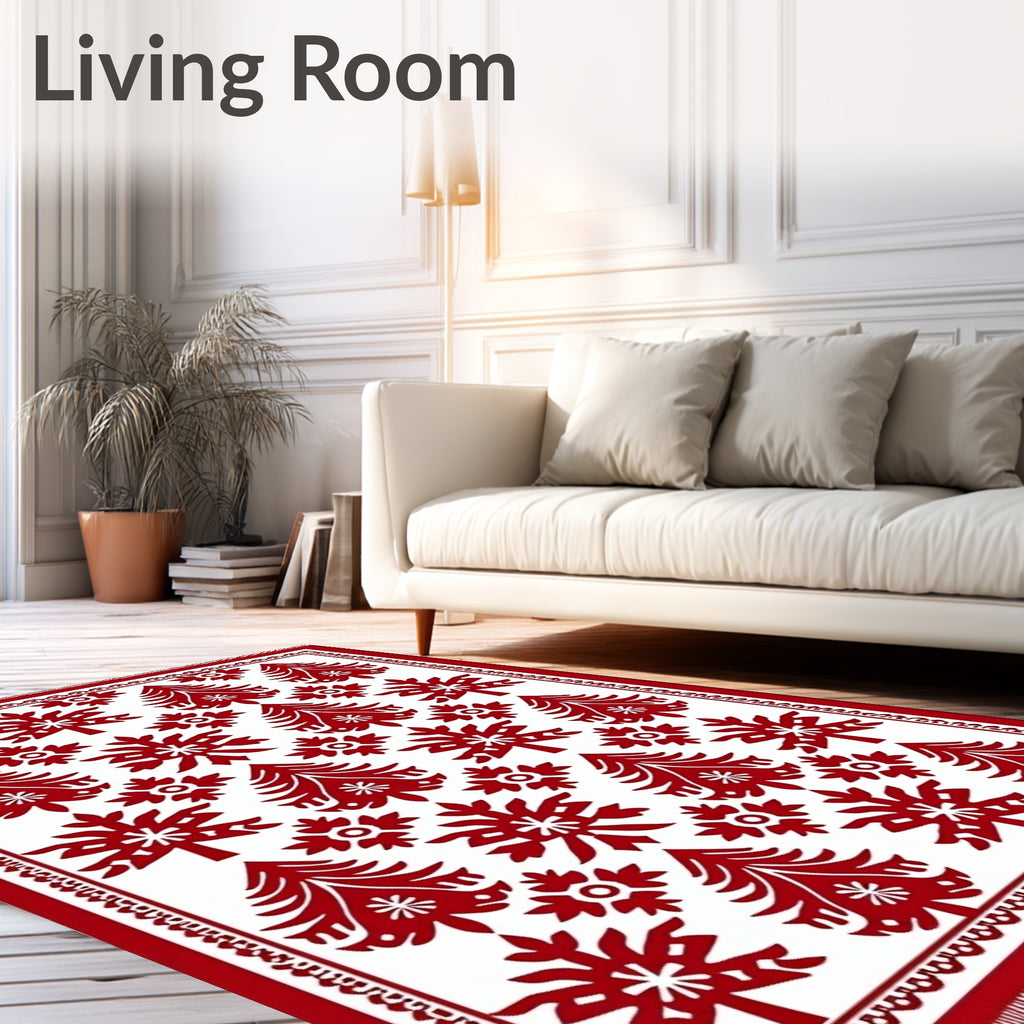 Red Christmas Tree Snowflakes Border Rug