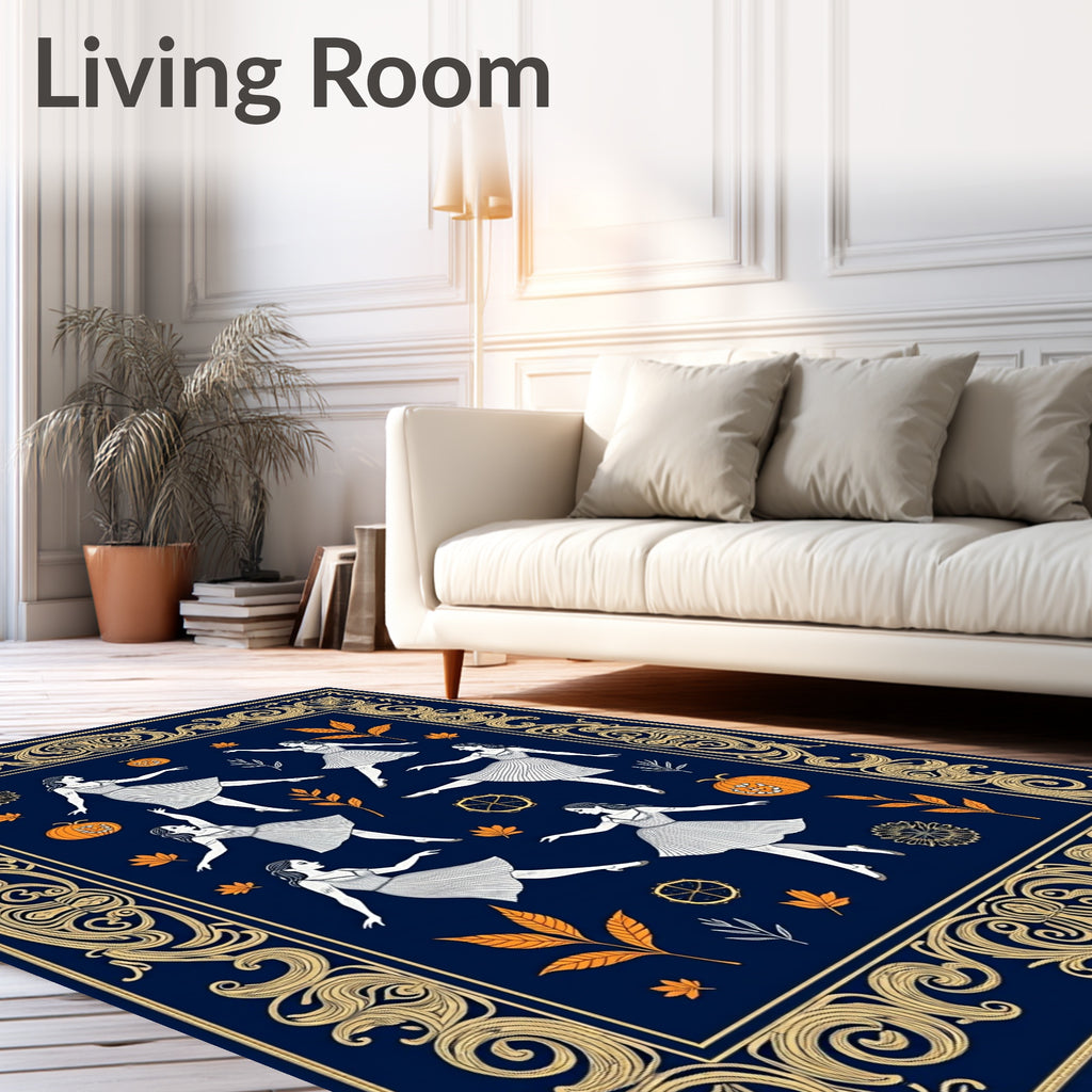 Dancing Figures Orange Pumpkins Autumn Border Rug