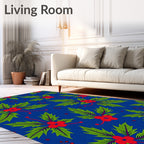 Vibrant Blue Red Holly Leaves Rug