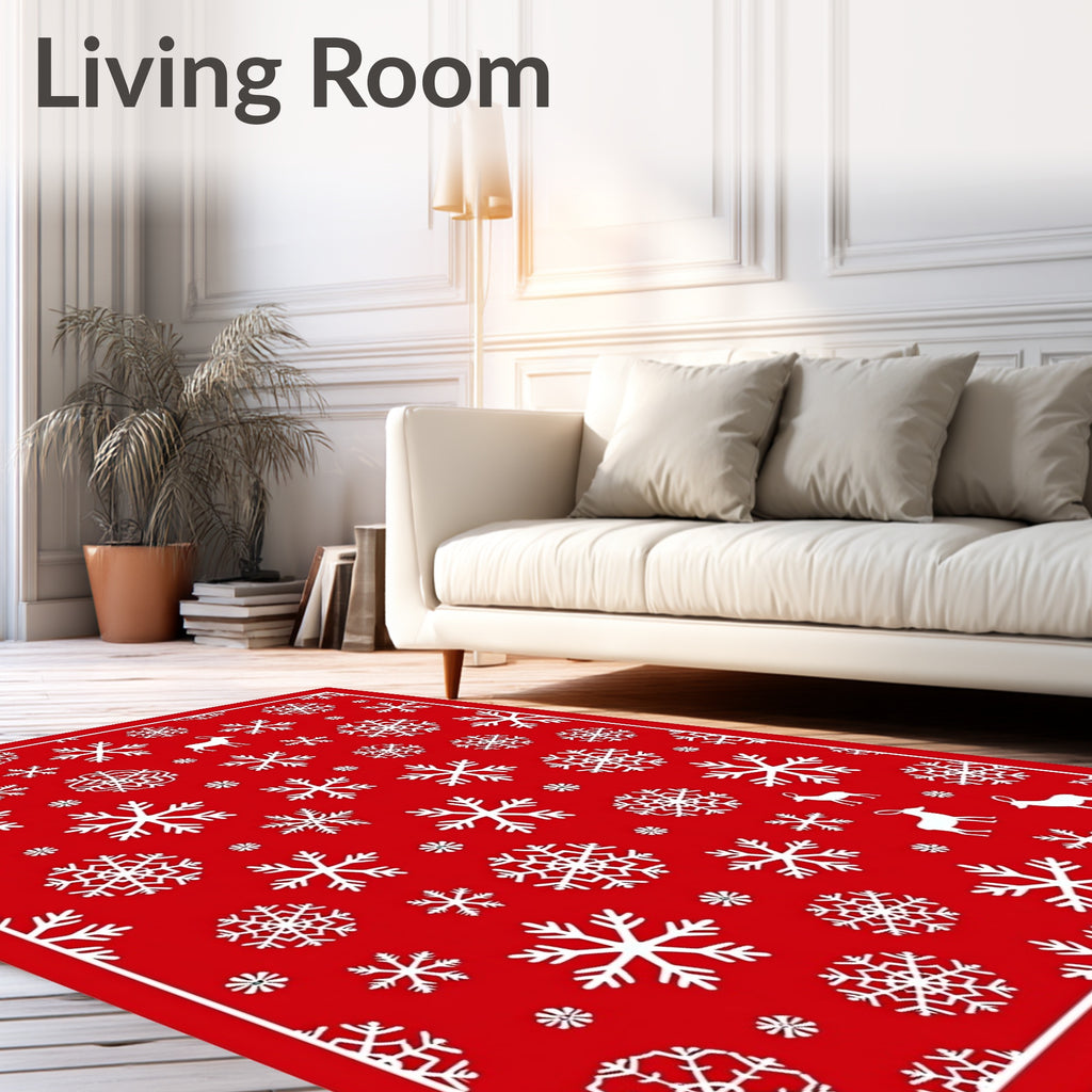 Red Snowflake Reindeer Holiday Composition Rug