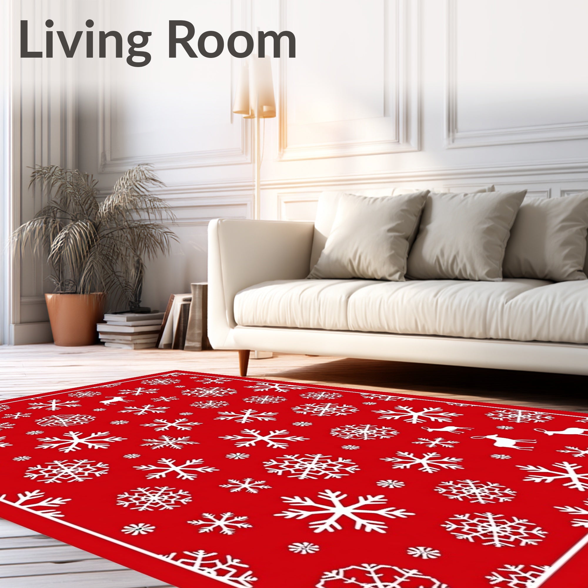 Red Snowflake Reindeer Holiday Composition Rug