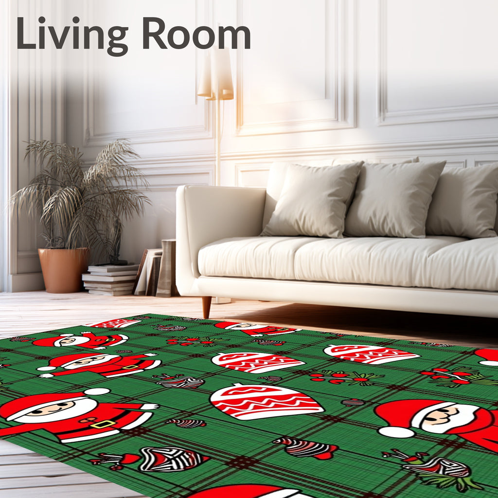Green Plaid Santa Claus Christmas Ornaments Rug