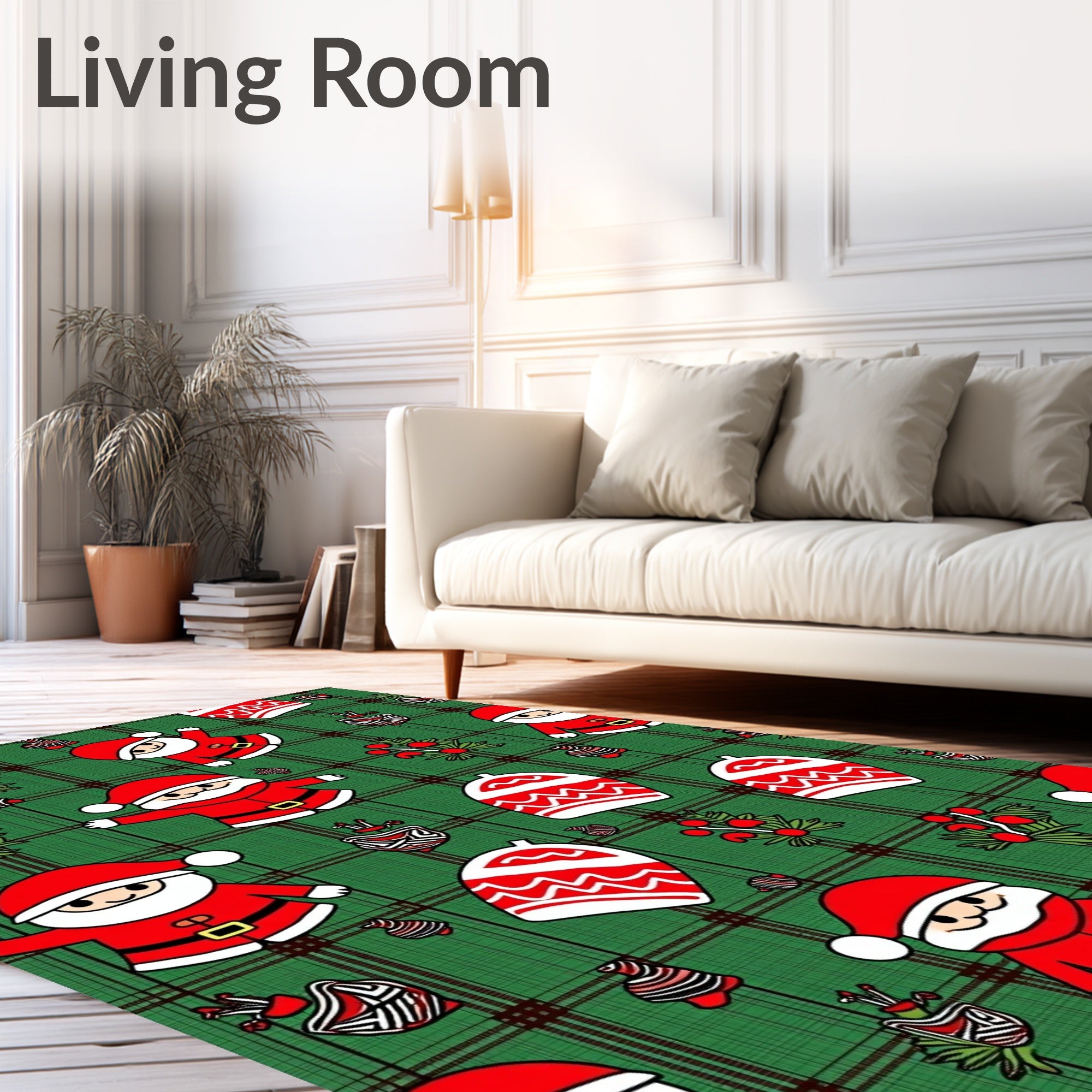 Green Plaid Santa Claus Christmas Ornaments Rug