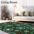 Deep Green White Medallion Cherry Accents Rug